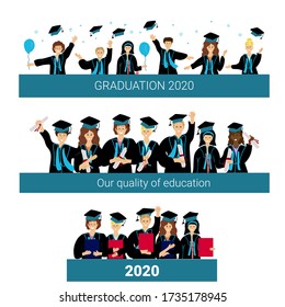 Banner graduation 2020 set. Congrats graduates happy flat people. Flying graduate caps, ceremony campus, college celebrate friends: multinational womens and 3 mens. Hand drawn illustration.