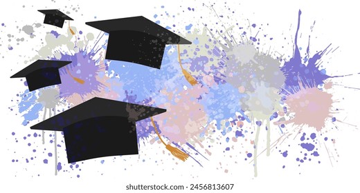 Anuncio con tapas de graduación y salpicaduras de color y manchas. Fondo con espacio de copia. Ilustración vectorial