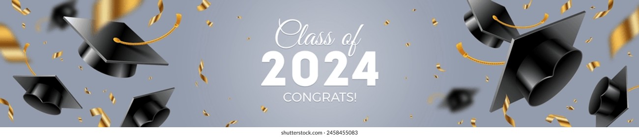 Banner with graduation caps thrown up and golden foil confetti on a gray background. Congrats Graduates. Horizontal vector illustration.