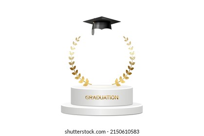 Banner Of The Graduation Ceremony For Photos. The Award Concept With An Academic Hat, A Golden Podium And A Laurel Wreath Under A Shining Sheen On A White Background