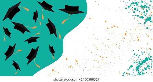 Anuncio para evento de graduación, gorras de graduación voladoras y salpicaduras. Ilustración vectorial