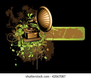 Banner with gramophone and floral elements