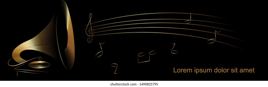 Banner with a gramophone and notes, the name is made in gold text on a black background for the design of musical events, albums, music discs, presentations, leaflets, social networks, diplomas, award