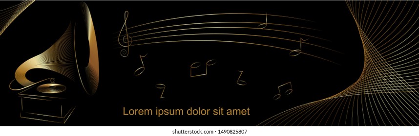 Banner with a gramophone and notes, the name is made in gold text on a black background for the design of musical events, albums, music discs, presentations, leaflets, social networks, diplomas, award