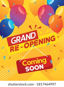 banner of grand reopening, coming soon with balloons helium decoration vector illustration design