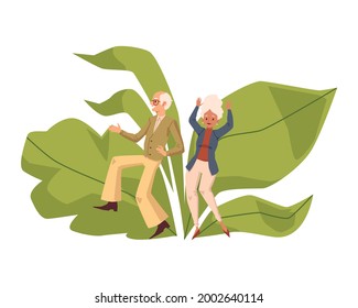 Banner with grandmother and grandfather dancing together flat cartoon vector illustration isolated on white background. Elderly people having fun together.