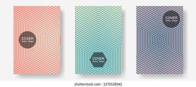Banner graphics cool vector templates set. Simple book covers. Halftone lines annual report templates. Presentation backdrops. Abstract banners graphic design with lined shapes.
