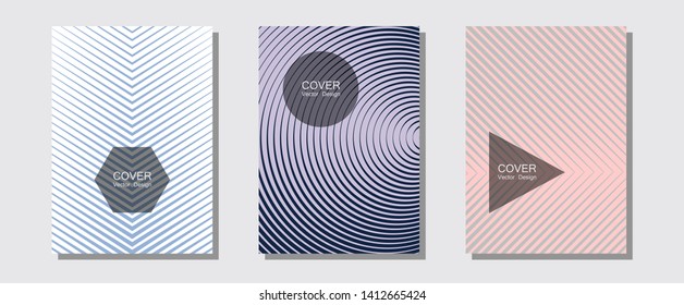 Banner graphics cool vector templates set. Futuristic style. Halftone lines music poster background. Divergent maquettes. Abstract banners graphic design with lined shapes.