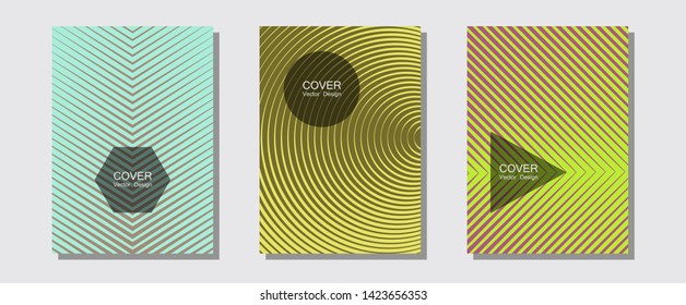 Banner graphics cool vector templates set. Vibrant tech mockups. Halftone lines music poster background. Simple book covers. Abstract banners graphic design with lined shapes.