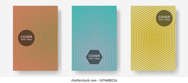 Banner graphics cool vector templates set. Minimal booklets. Halftone lines annual report templates. Vivid mockups samples. Abstract banners graphic design with lined shapes.