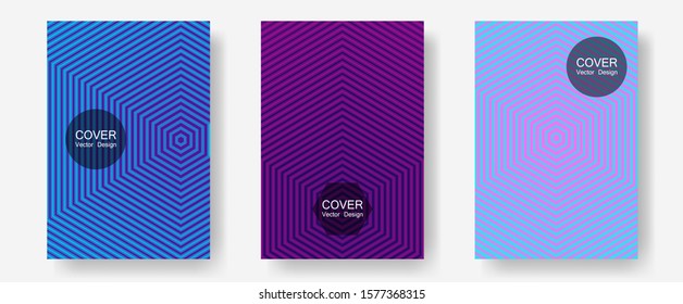 Banner graphics cool vector templates set. Hipster placards. Halftone lines annual report templates. Vibrant tech mockups. Abstract banners graphic design with lined shapes.