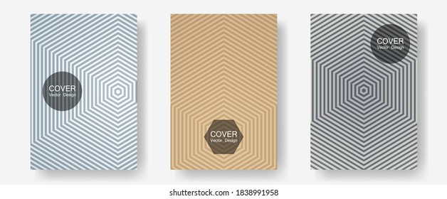 Juego de plantillas vectoriales geniales de carteles. Revistas de moda. Plantillas de informes anuales de líneas de semitono. Anuncios del álbum de música. Pancartas abstractas de diseño gráfico con formas alineadas.