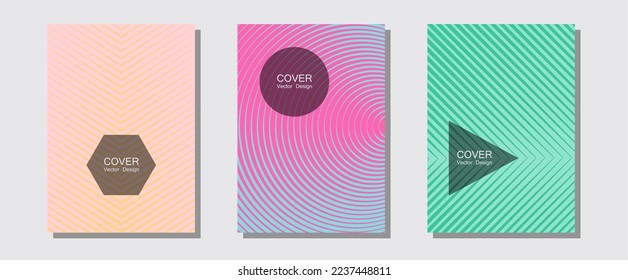 Banner graphics cool vector templates set. Simple book covers. Halftone lines music poster background. Vivid mockups samples. Abstract banners graphic design with lined shapes.