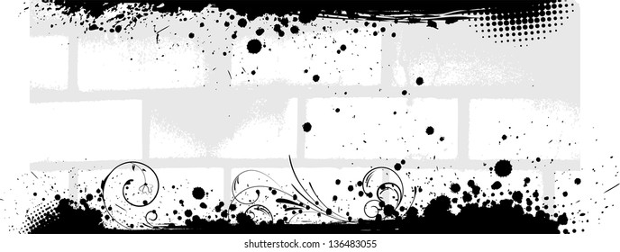 Banner in gray color with brick walls background and grunge splash corners