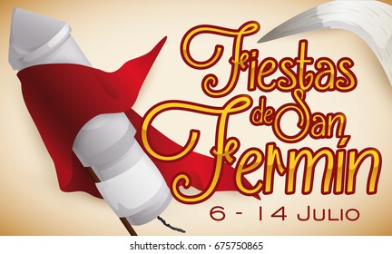 Banner with gray rocket covered for a red handkerchief and bull horn, ready to celebrate Festival of San Fermin (written in Spanish).
