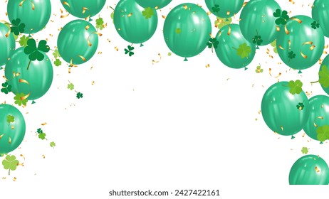 banner green balloons, clover leaves and gold confetti luxury party festival greeting card design. shamrock