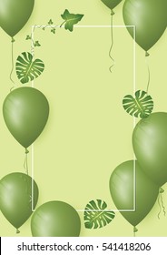 Banner with green balloons and leaf on greenery background. Copy space for your text. Vector Illustration.