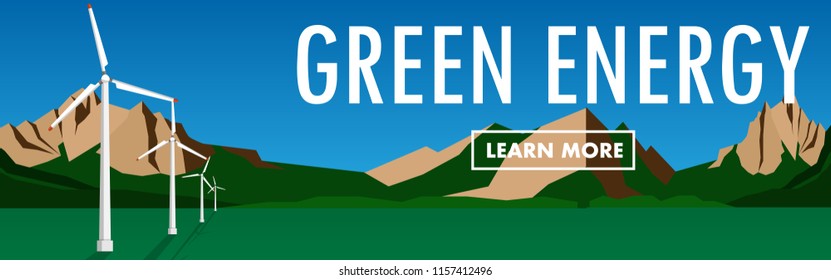 Banner of green energy wind power concept- Power windmill in the green grass field with mountain range and clear blue sky in background and text"wind power" in copy space in the sky