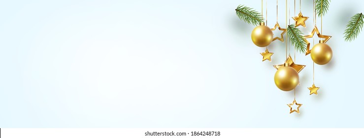 Banner with green fir branches, Christmas tree gold balls, golden stars on empty blue background. Festive xmas borderr. Vector New Year greeting card