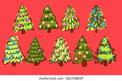 Banner with green fir christmas tree drawing on red background. Cartoon vector illustration. Vector festive illustration. Vector design element. Outline symbol collection.