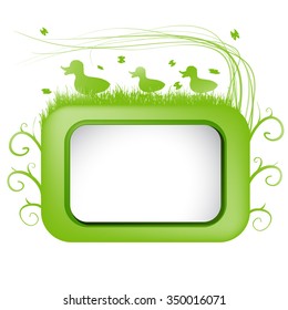 Banner with green grass and ducklings