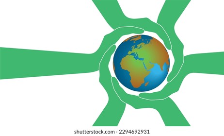 Banner with green hands holding planet Earth, teamwork sustainability. Dimension 16:9. Vector illustration.