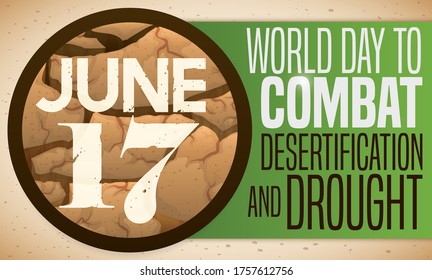 
Banner with green label and round button with arid ground inside of it and the date for World Day to Combat Desertification and Drought: June 17.