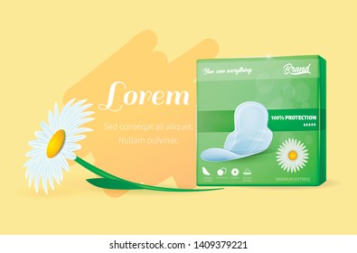 Banner with Green Pads Pack, Single Daisy Flower and Advertising Text over Yellow Space. Ultra Thin Feminine Hygienic Product with Wings, Comfort and Flexible Design. Realistic Vector 3d Illustration