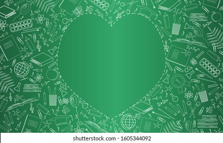 Banner with green school board. School supplies, education symbols are drawn in chalk. Empty place in the form of heart for text. Flat vector illustration. Happy Teachers Day, start of the school year