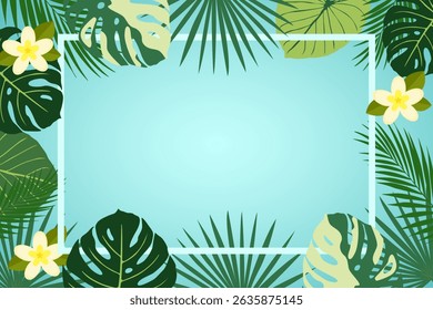 A banner with green tropical leaves on a blue gradient background and a white border. Exotic botanical design for cosmetics, spa, perfumes, beauty salon, travel agency, flower shop. Vector