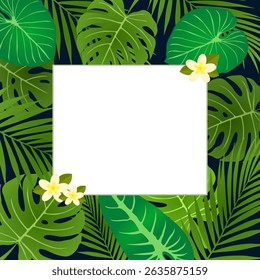 A banner with green tropical leaves on a black background and a white frame. Exotic botanical design for cosmetics, spa, perfumes, beauty salon, travel agency, flower shop. Vector illustration