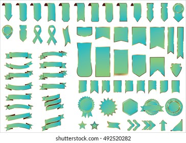 Banner green vector icon set on white background. Ribbon isolated shapes illustration of gift and accessory. Christmas sticker and decoration for app and web. Label, badge and borders collection.