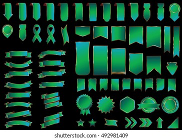 Banner green vector icon set on black background. Ribbon isolated shapes illustration of gift and accessory. Christmas sticker and decoration for app and web. Label, badge and borders collection.