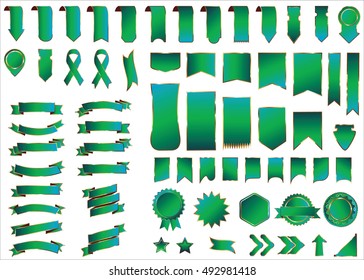 Banner green vector icon set on white background. Ribbon isolated shapes illustration of gift and accessory. Christmas sticker and decoration for app and web. Label, badge and borders collection.