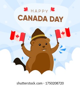 banner greeting canada day with beaver holding canada's flag