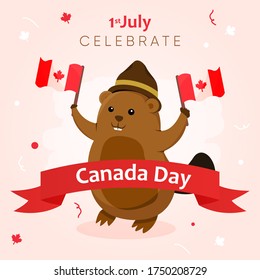 Banner Greeting Canada Day With Beaver Holding Canada's Flag And Ribbon