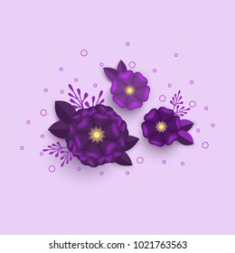 Banner or greeting card background with violet paper flowers.