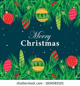 Banner, greeting card of Cute Christmas Treasures background with hand drawn Christmas balls and confetti for your decoration. Merry Christmas text
