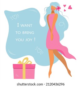 Banner, greeting card, in gentle pastel colors. Cute girl, woman with a gift and hearts. Signature. I want to bring you joy. Positive vector isolated illustration. Flat style. Template, copy space.