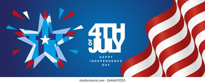 Banner and greeting card for Happy USA Independence Day July 4th. Part of the USA flag, abstract stars with sparkling fireworks next to white compact bold typography with the inscription July 4th