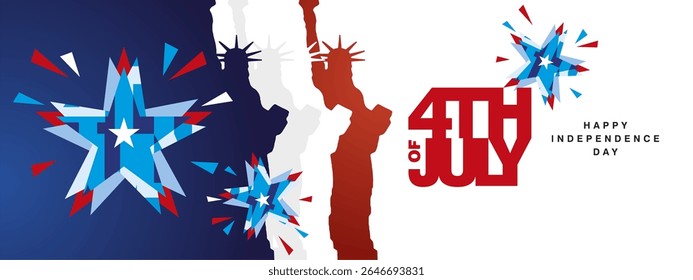 Banner and greeting card for Happy USA Independence Day 4th of July. Abstract USA stars with sparkling fireworks next to compact bold typography with the words 4th of July and the Statue of Liberty
