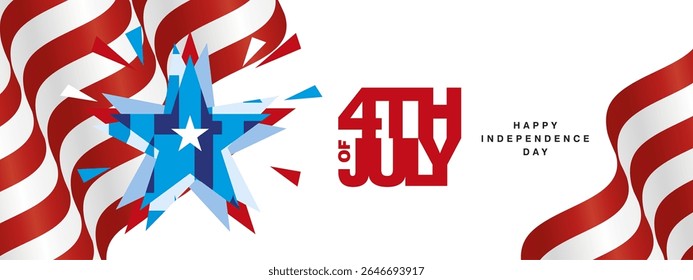 Banner and greeting card for Happy USA Independence Day July 4th. Part of the USA flag, abstract stars with sparkling fireworks, red compact bold typography with the inscription July 4th