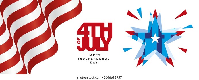 Banner and greeting card for Happy USA Independence Day July 4th. USA flag, abstract stars with sparkling fireworks next to red compact bold typography with the inscription July 4th