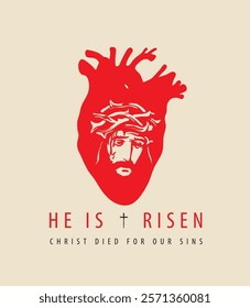 banner or greeting card with portrait of crying Jesus Christ wearing crown of thorns on red heart background. Vector illustration on religious theme with Son of God with inscription He is risen