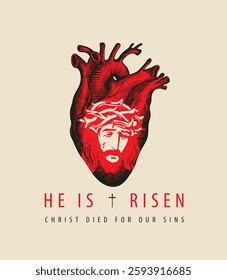 banner or greeting card with portrait of crying Jesus Christ wearing crown of thorns on red heart background. Vector illustration on religious theme with Son of God with inscription He is risen