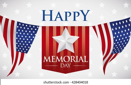 Banner with greeting to celebrate Memorial Day with patriotic bunting design and stars background.