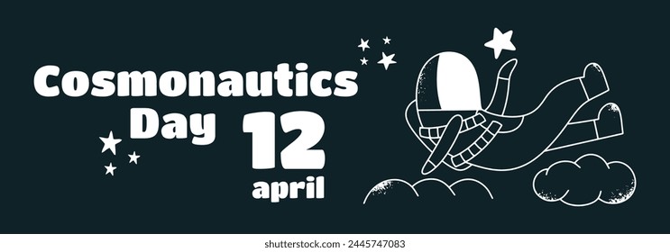 Banner with greeting text, April 12 cosmonautics day. Human space flight. Vector illustration