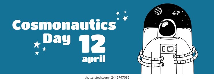 Banner with greeting text, April 12 cosmonautics day. Human space flight. Vector background with 
with an astronaut in a helmet