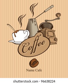banner with grinder and cup of coffee