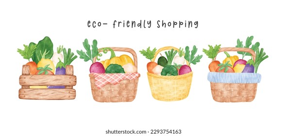 banner group of assorted vegetable watercolour in wooden vintage wicker basket, vector cartoon hand painted illustration isolated on white background.